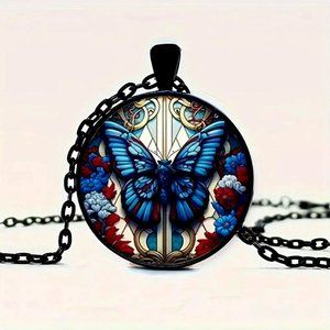 Black Boho BUTTERFLY Glass Cabochon Pendant Necklace